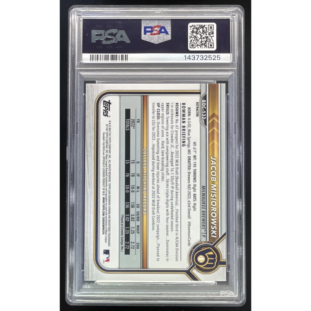 2022 Bowman Draft Chrome Refractor #BDC-132 Jacob Misiorowski RC PSA 9