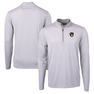 Milwaukee Brewers Cutter & Buck Virtue Eco Pique Micro Stripe Recycled Quarter-Zip Pullover Top - Gray/White