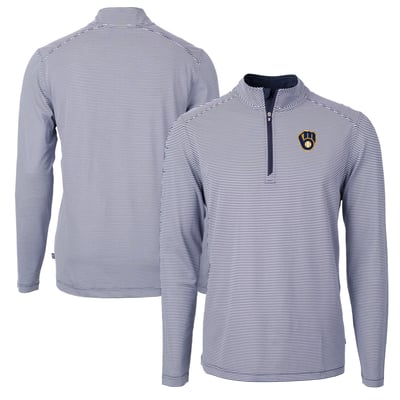 Milwaukee Brewers Cutter & Buck Virtue Eco Pique Micro Stripe Recycled Quarter-Zip Pullover Top - Navy/White