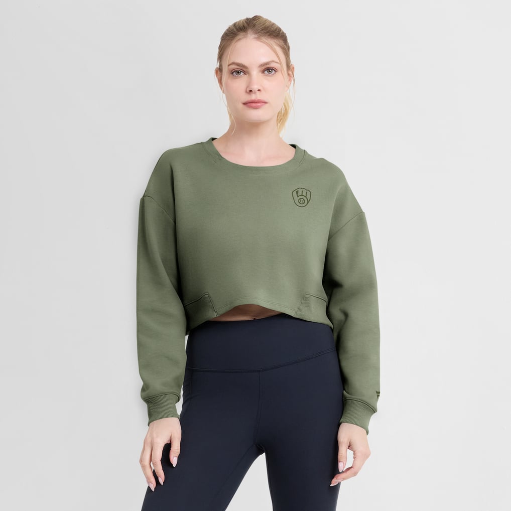 Milwaukee Brewers Fanatics Women's Studio Cropped Pullover Sweatshirt - Olive
