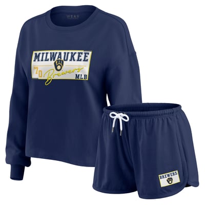 Milwaukee Brewers WEAR by Erin Andrews Women's Heavy Rugby Jersey Cropped Long Sleeve T-Shirt & Shorts Lounge Set - Navy