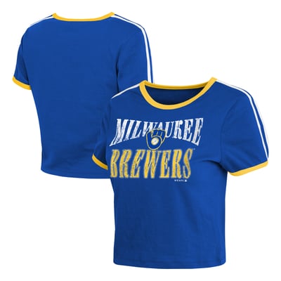 Milwaukee Brewers WEAR by Erin Andrews Women's Cropped Throwback Ringer Baby T-Shirt - Royal