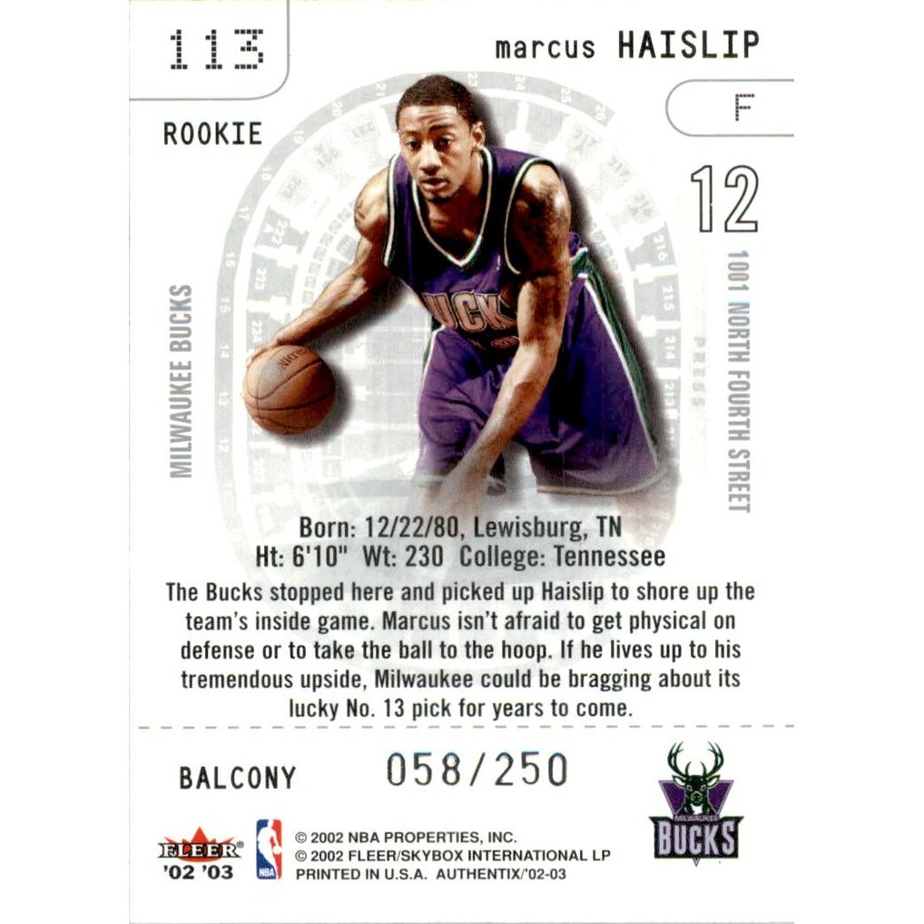 2002-03 Fleer Authentix Balcony #113 Marcus Haislip