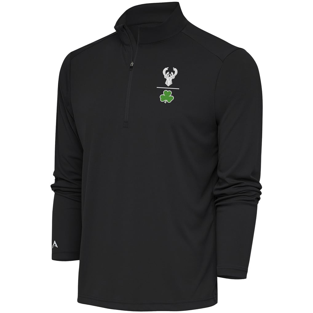 Milwaukee Bucks Antigua Shamrock Tribute Quarter-Zip Pullover Top - Charcoal