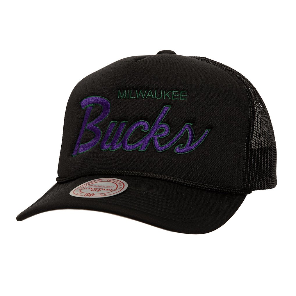 Milwaukee Bucks Mitchell & Ness Script Sidepatch Trucker Adjustable Hat - Black