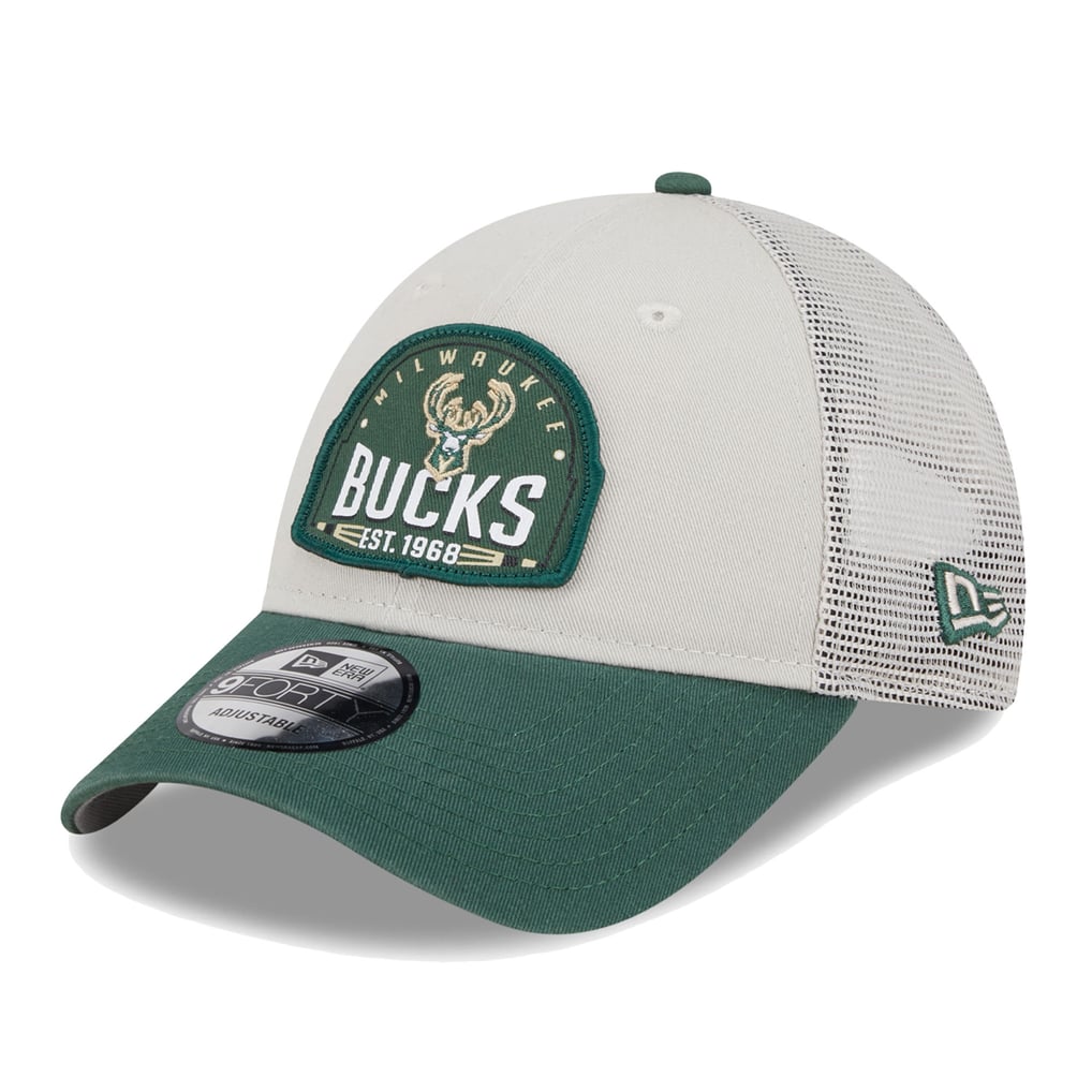 Milwaukee Bucks New Era Throwback Patch Trucker 9FORTY Adjustable Hat - Khaki/Hunter Green
