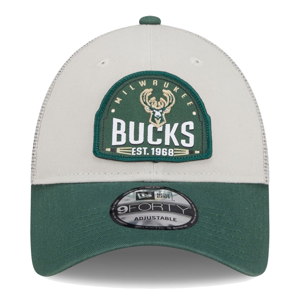 Milwaukee Bucks New Era Throwback Patch Trucker 9FORTY Adjustable Hat - Khaki/Hunter Green