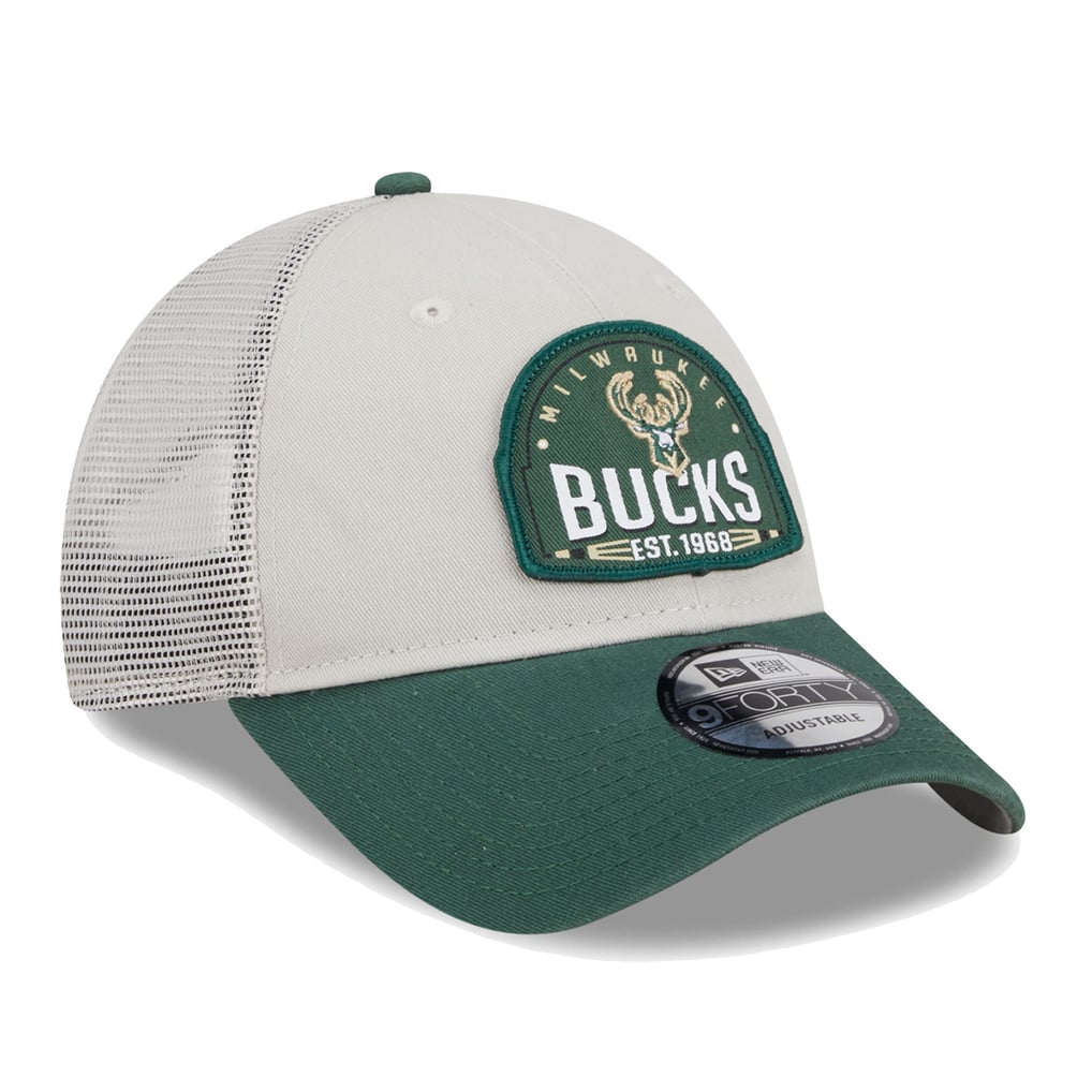 Milwaukee Bucks New Era Throwback Patch Trucker 9FORTY Adjustable Hat - Khaki/Hunter Green