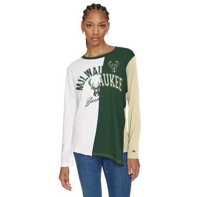 Milwaukee Bucks Tommy Jeans Women's Amelia Color Blocked Long Sleeve T-Shirt - White/Hunter Green