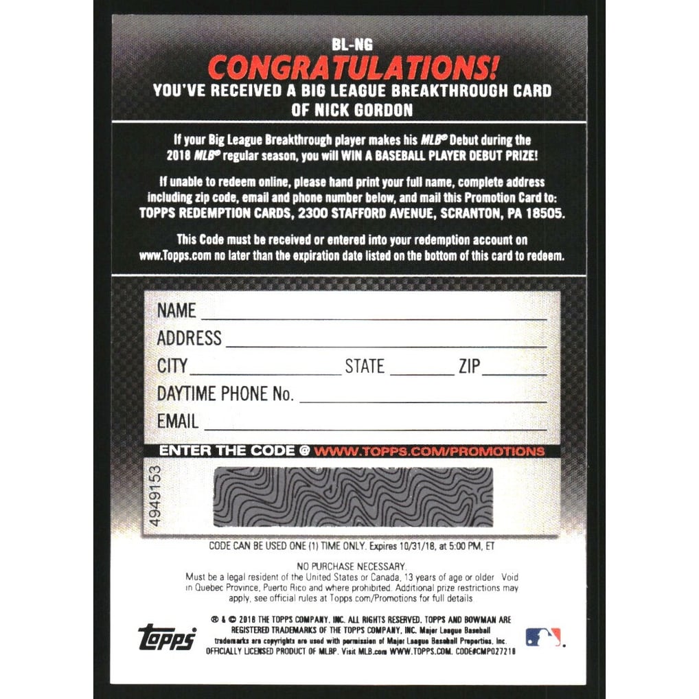 2018 Bowman Big League Breakthrough Redemptions #BLNG Nick Gordon