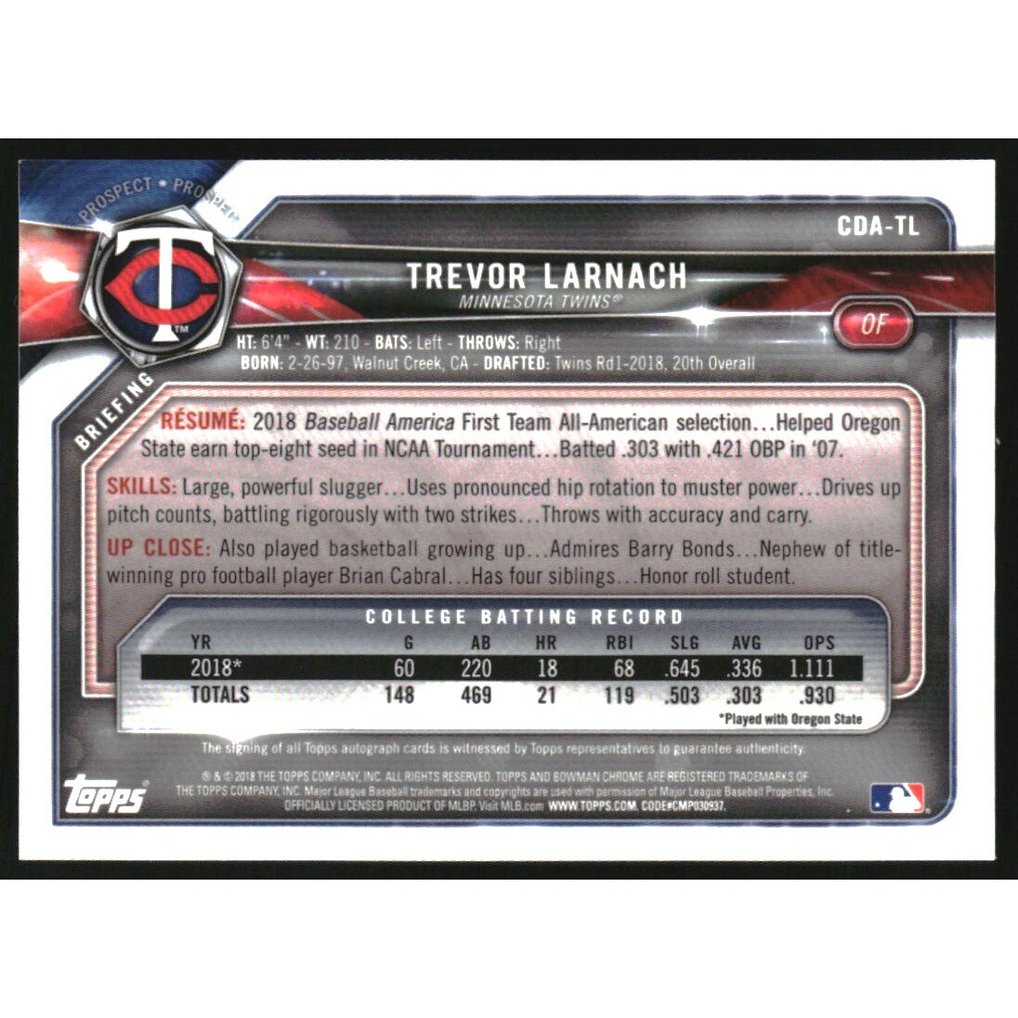 2018 Bowman Chrome Draft Autographs #CDATL Trevor Larnach