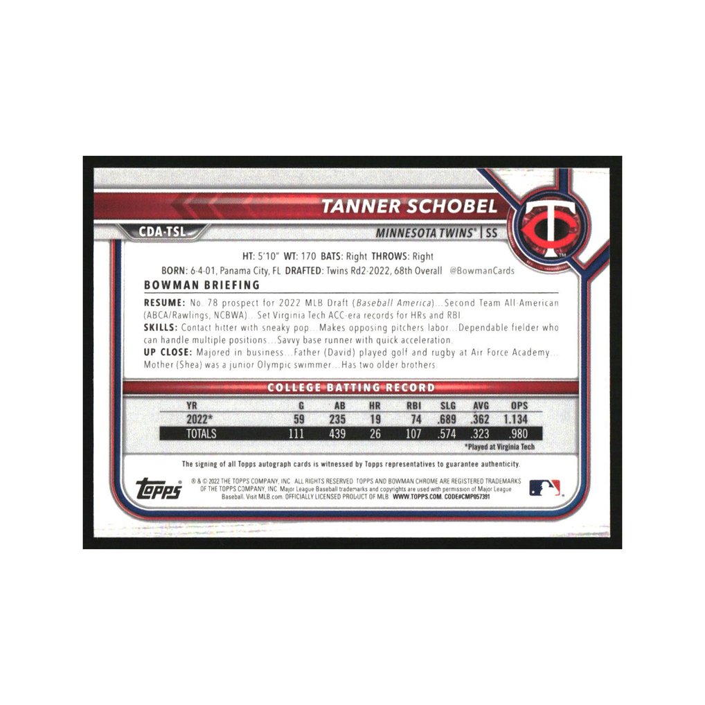2022 Bowman Chrome Draft Autographs Black Refractors Tanner Schobel RC Auto /75