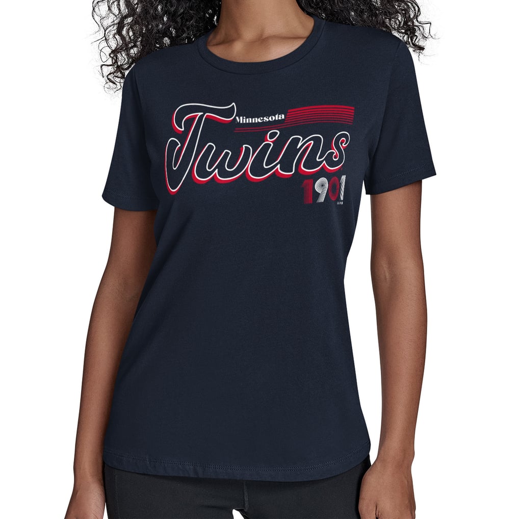  Minnesota Twins Starter Women's Groovy Script Team Fitted T-Shirt - Navy