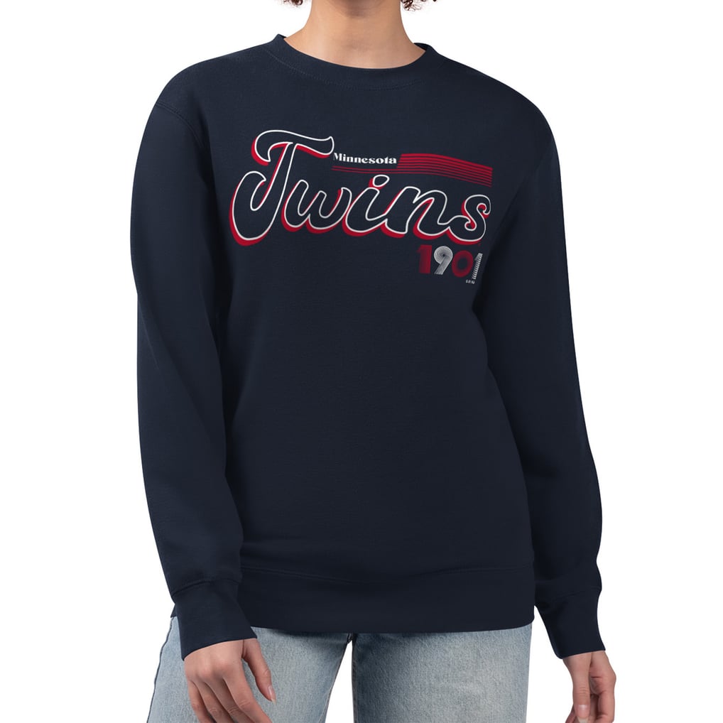 Minnesota Twins Starter Women's Groovy Script Team Fleece Pullover Sweatshirt - Navy