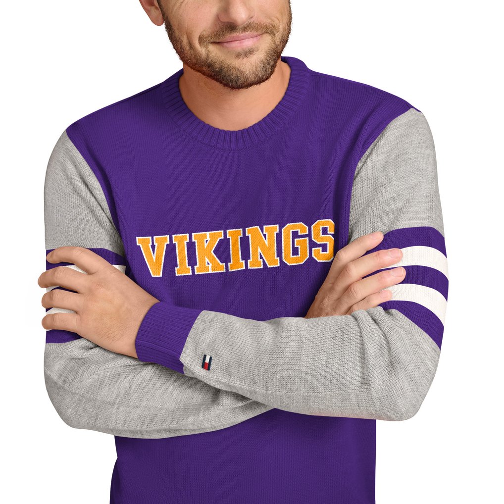 Minnesota Vikings Tommy Hilfiger Acrylic Crewneck Pullover Sweater - Purple/Heather Gray
