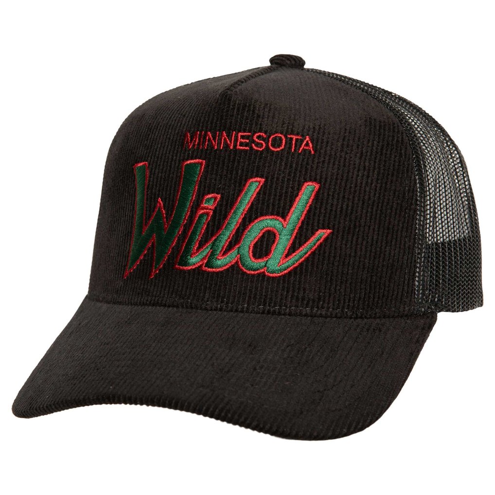  Minnesota Wild Mitchell & Ness Times Up Classic Script Cord Trucker Adjustable Hat - Black