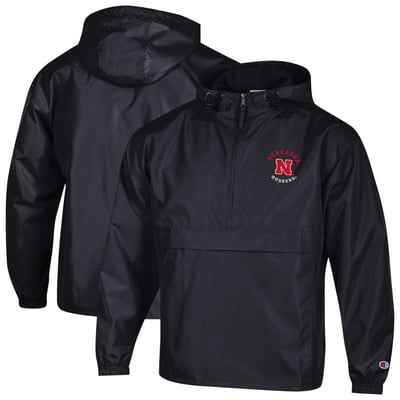  Nebraska Huskers Champion Packable Hooded Windbreaker Half-Zip Jacket - Black