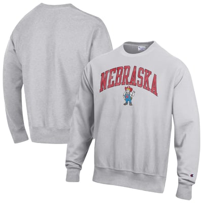 Nebraska Huskers Champion Distressed Arch Over Logo Reverse Weave Crew Neck Sweatshirt - Gray