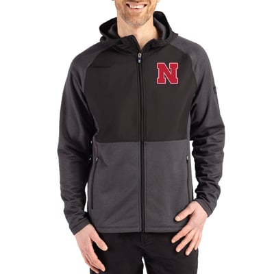 Nebraska Huskers Cutter & Buck Peshastin Eco Fleece Recycled Raglan Full-Zip Tri-Blend Hybrid Jacket - Heather Black