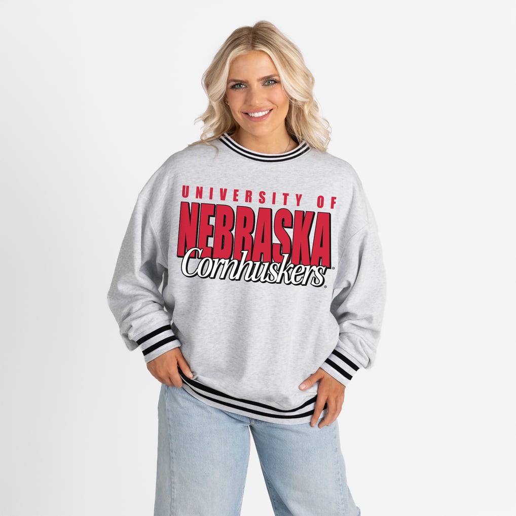 Nebraska Huskers Gameday Couture Women's Oversized Showdown Ringer Stripe Sweatshirt - Gray