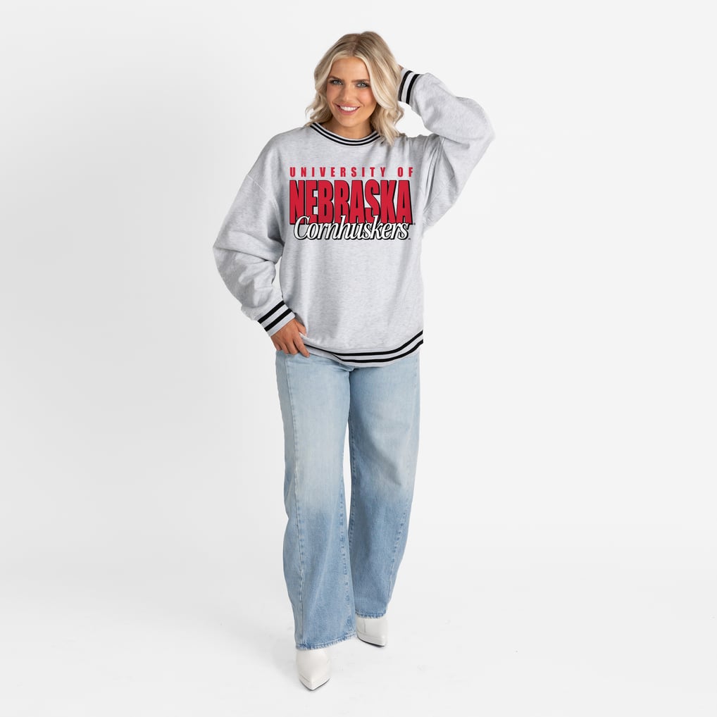 Nebraska Huskers Gameday Couture Women's Oversized Showdown Ringer Stripe Sweatshirt - Gray