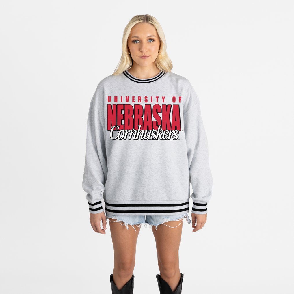 Nebraska Huskers Gameday Couture Women's Oversized Showdown Ringer Stripe Sweatshirt - Gray
