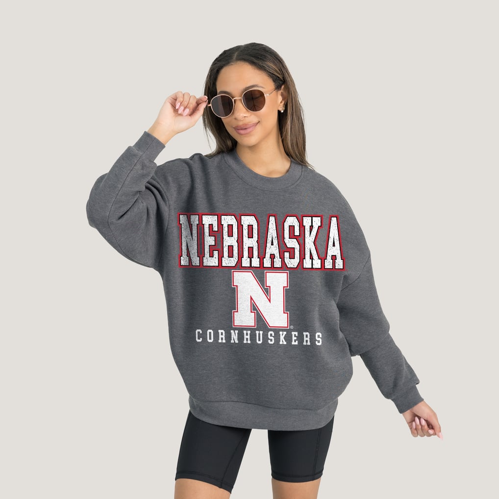  Nebraska Huskers Gameday Couture Women's Oversized Distressed Fleece Pullover Sweatshirt - Heather Charcoal