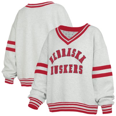 Nebraska Huskers Pressbox Women's Tackle Twill Oates V-Neck Sweatshirt - Gray/Scarlet