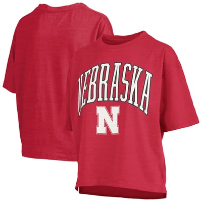 Nebraska Huskers Pressbox Women's Nelson Arch Over Logo Waist Length Oversized Slub T-Shirt - Scarlet