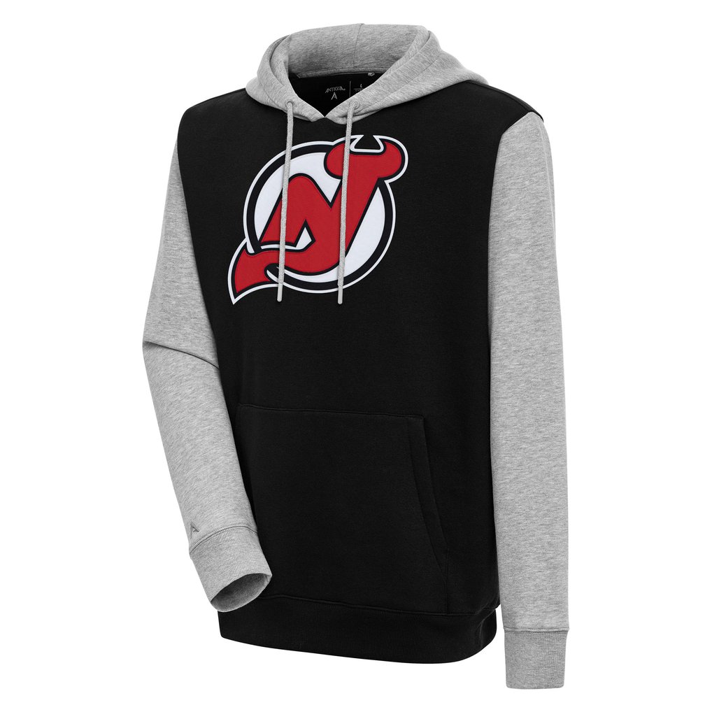  New Jersey Devils Antigua Victory Colorblock Pullover Hoodie - Black/Heather Gray