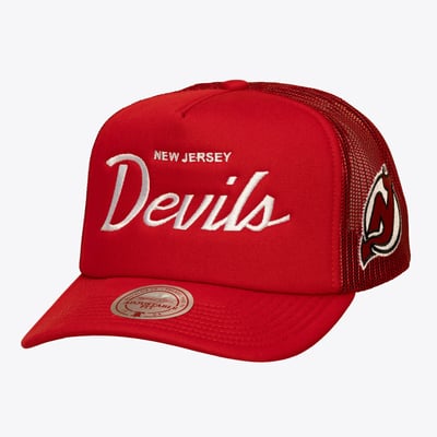 New Jersey Devils Mitchell & Ness Head Coach Trucker Adjustable Hat - Red
