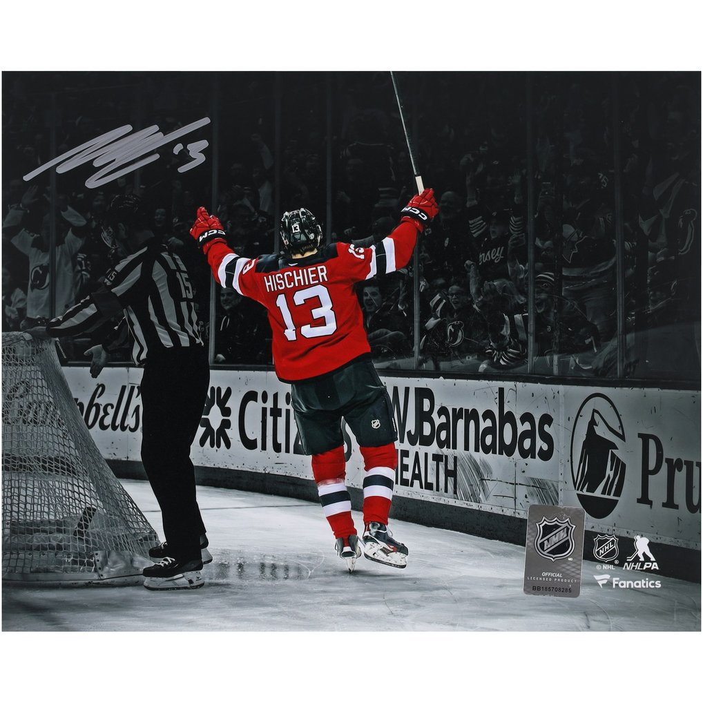 Nico Hischier New Jersey Devils Autographed Fanatics Authentic 8" x 10" Celebration Spotlight Photograph