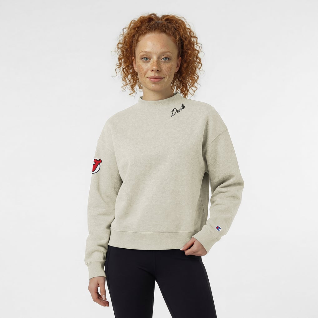 New Jersey Devils Champion Women's Collar Script Triumph Fleece Crewneck Sweatshirt - Oatmeal