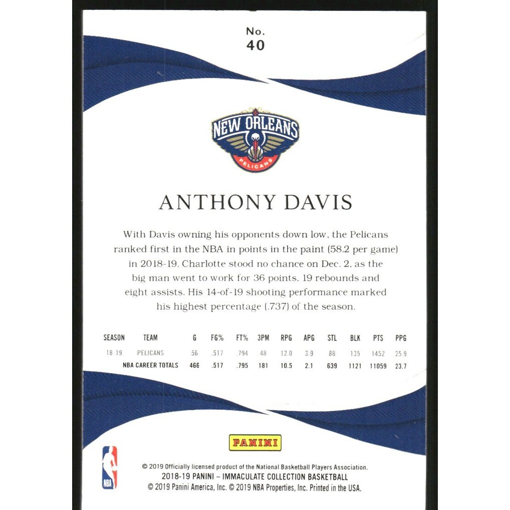 2018-19 Immaculate Collection #40 Anthony Davis