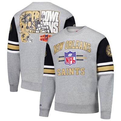 New Orleans Saints Mitchell & Ness All Over 4.0 Vintage Logo Pullover Sweatshirt - Heather Gray