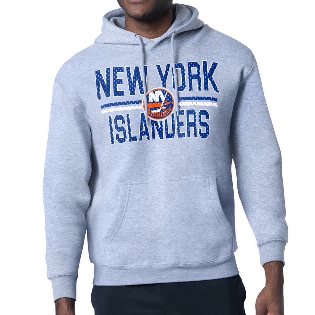 New York Islanders Starter Mesh Look Team Name Logo Tri-Blend Pullover Hoodie - Heather Gray