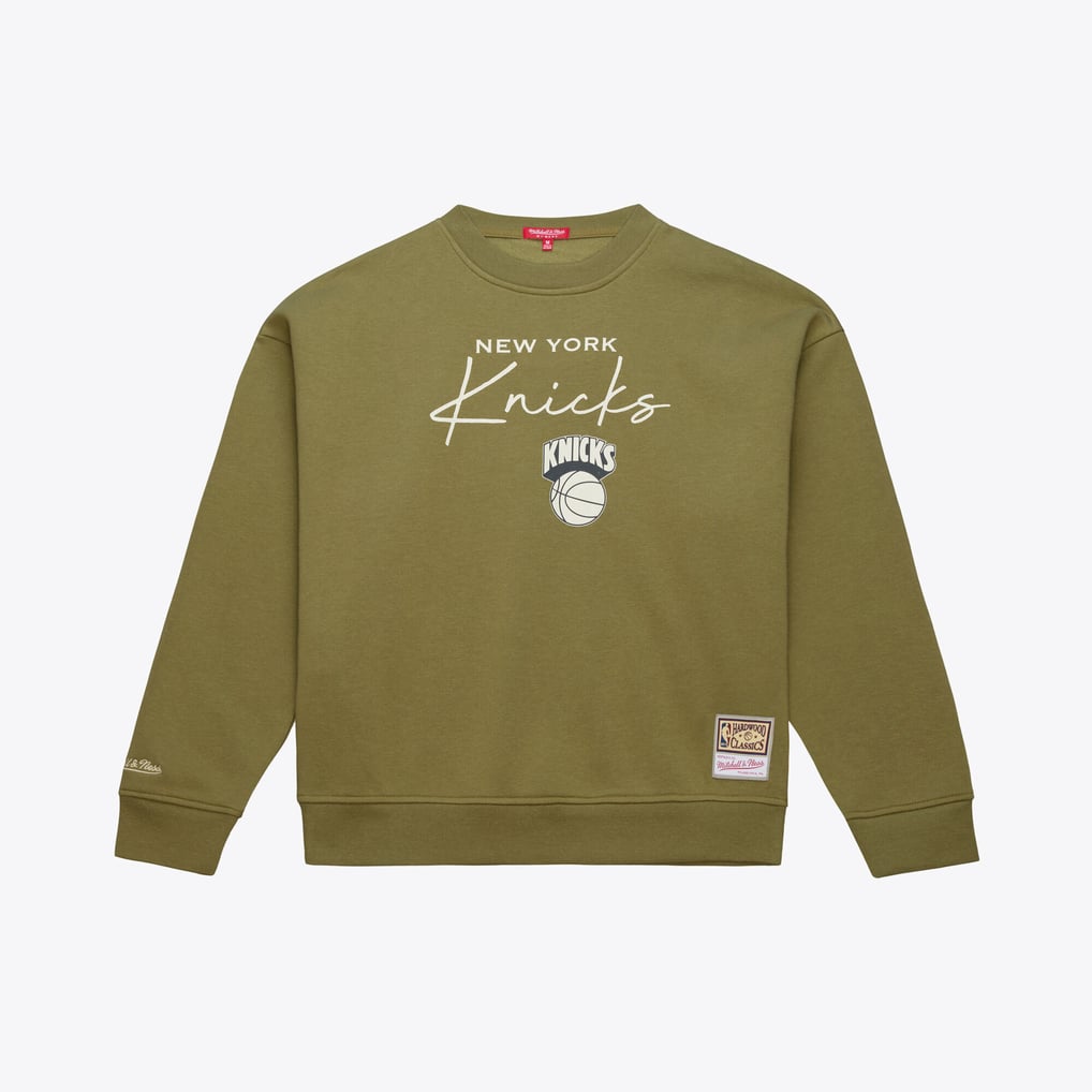  New York Knicks Mitchell & Ness Women's Lightweight Script Sweatshirt - Olive