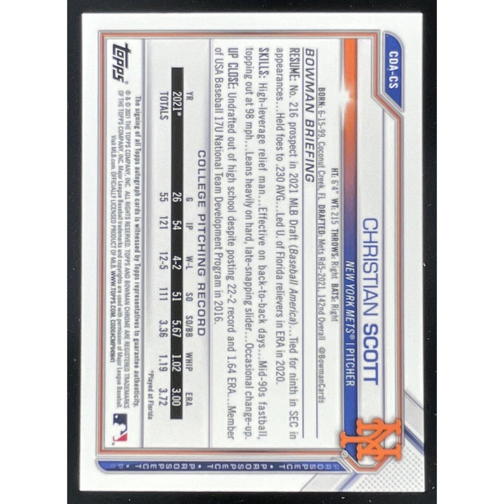 2021 Bowman Draft Chrome Pick Black Refractor #CDA-CS Christian Scott Auto /75
