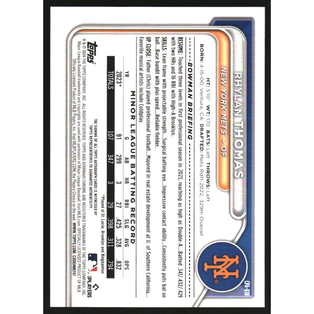 2024 Bowman Chrome Prospect Autographs Yellow Refractors #CPARTH Rhylan Thomas