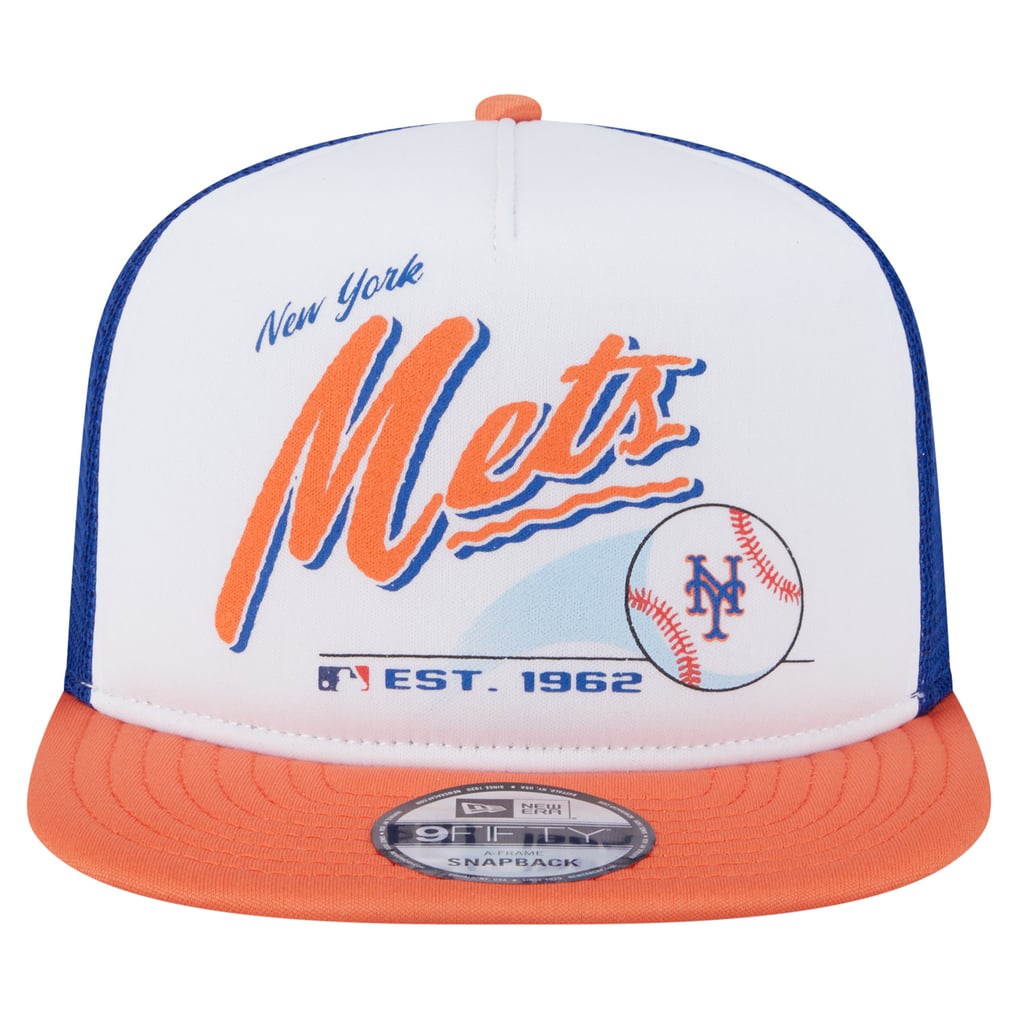New York Mets New Era Retro Script Trucker 9FIFTY Snapback Hat - White/Orange