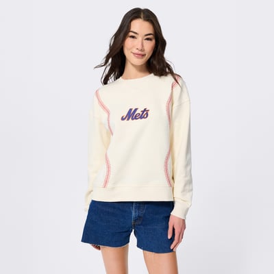  New York Mets Terez Women's Swizzle Baseball Stitch Crewneck Sweatshirt - White