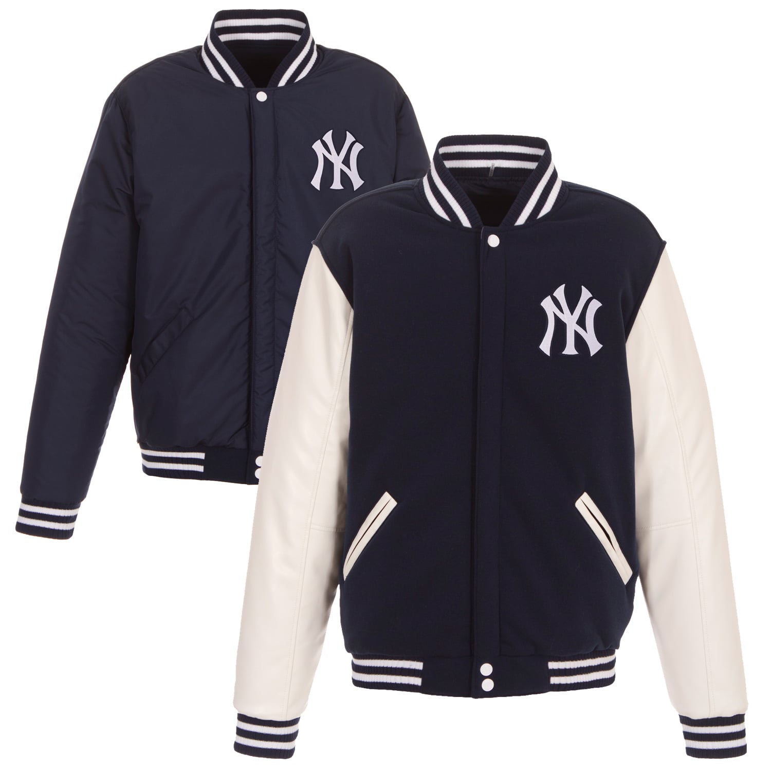 New York Yankees リバーシブル スタジャン ネイビー New York Yankees JH Design Reversible Fleece Jacket with Faux