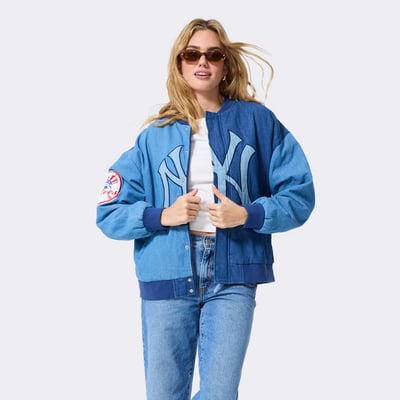 New York Yankees Terez Women's Denim Blocked Bomber Jacket - Blue