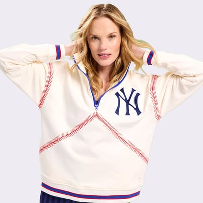 New York Yankees Terez Women's Baseball Stitch Quarter-Zip Pullover - Cream