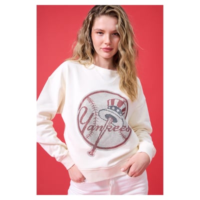 New York Yankees Terez Women's Oversized Gemstone Logo Sweatshirt - Cream