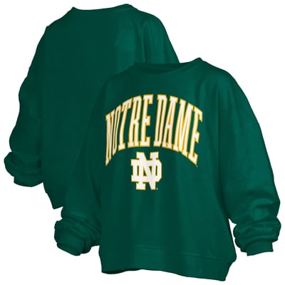 Notre Dame Fighting Irish Pressbox Women's Janise Arch Over Logo Waist Length Oversized Pullover Sweatshirt - Green