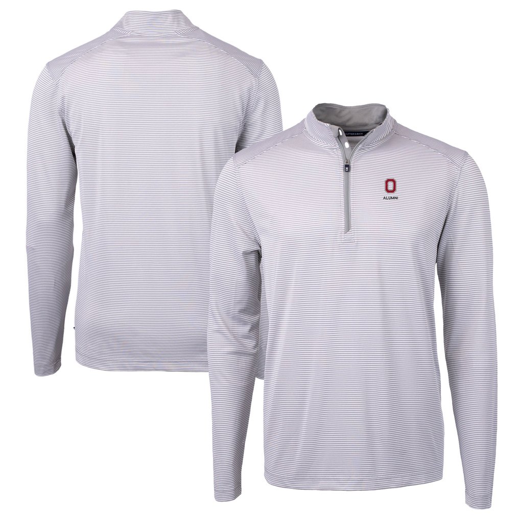  Ohio State Buckeyes Cutter & Buck Alumni Logo DryTec Virtue Eco Pique Micro Stripe Recycled Quarter-Zip Pullover Top - Gray