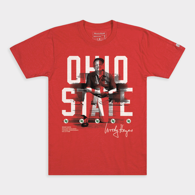 Woody Hayes Ohio State Buckeyes Homefield Unisex 75th Anniversary Photo & Wordmark T-Shirt - Scarlet
