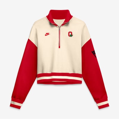 Ohio State Buckeyes Nike Women's Oversized Legacy Color Block Cropped Quarter-Zip Pullover - Natural/Scarlet