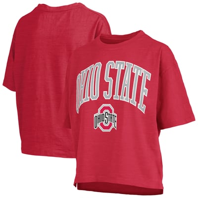 Ohio State Buckeyes Pressbox Women's Nelson Arch Over Logo Waist Length Oversized Slub T-Shirt - Scarlet